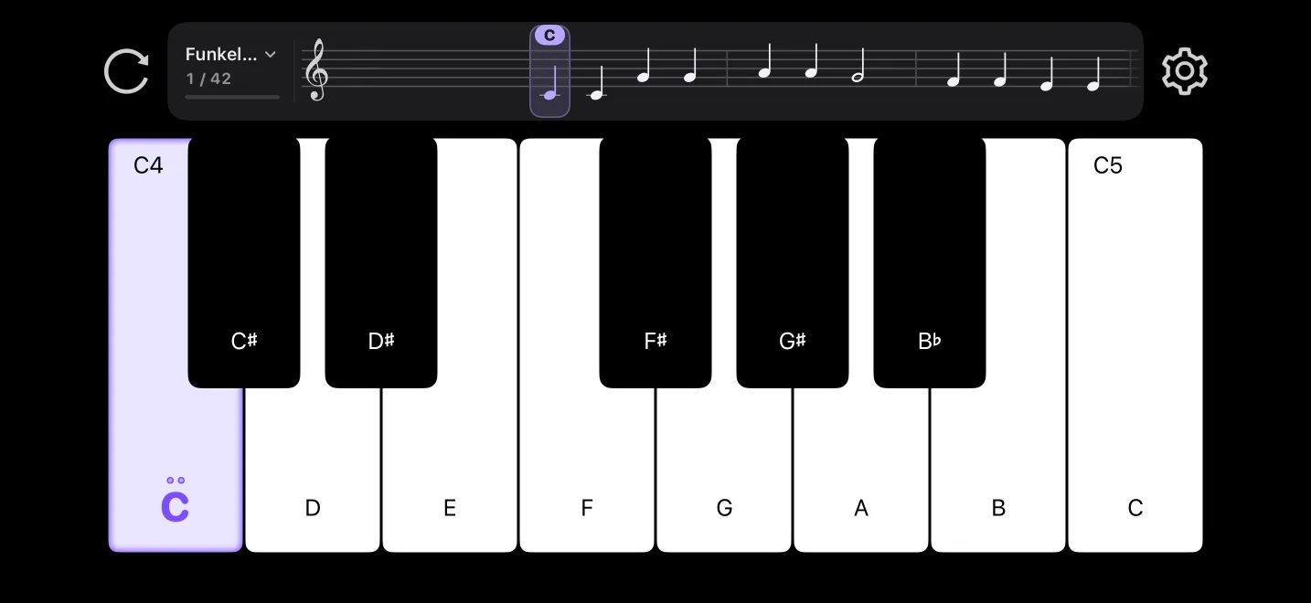 PianoSprout auf dem iPhone: Noten über der Tastatur, die nächste Taste leuchtet lila