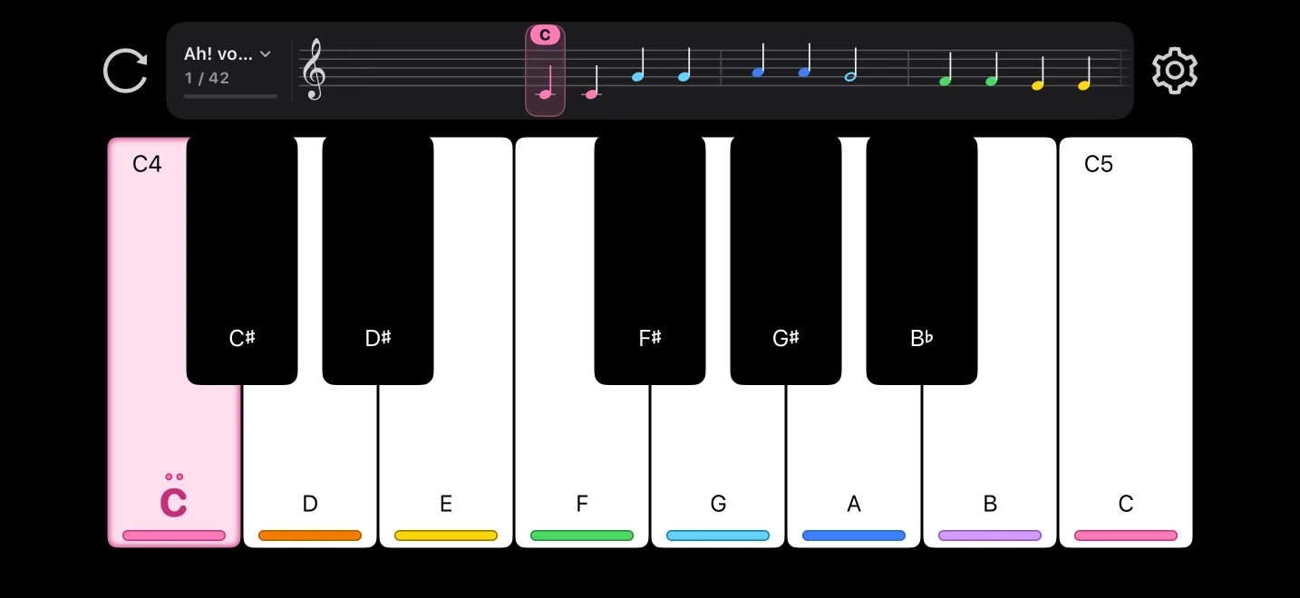 Notes arc-en-ciel : une couleur par note, sur les touches et la partition