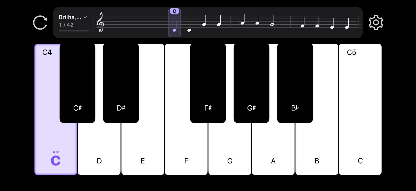 PianoSprout no iPhone: uma pauta acima do teclado e a tecla a tocar acesa em roxo